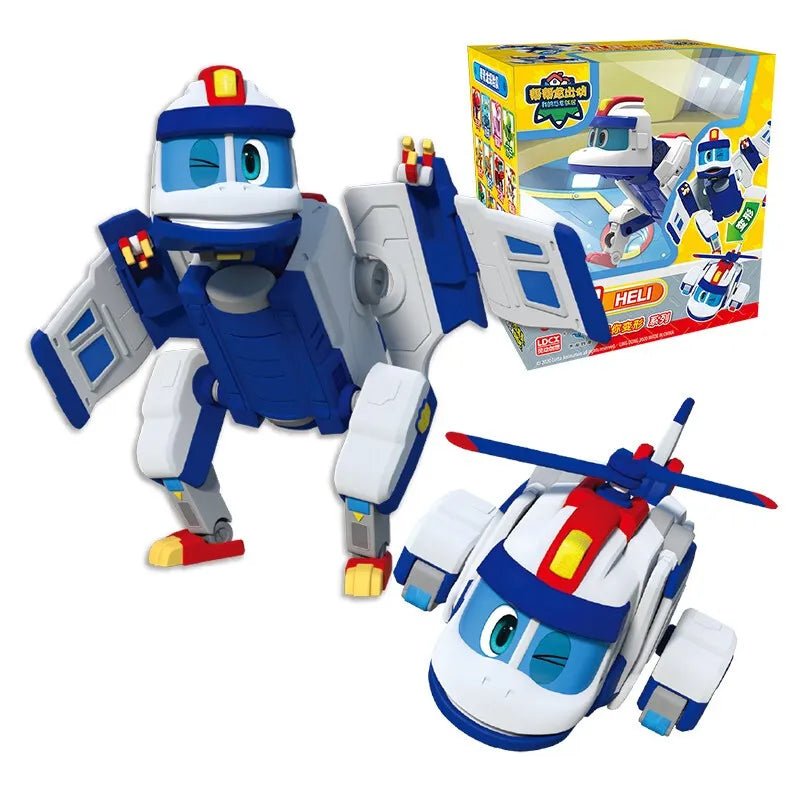 Toy robot and helicopter with packaging on a white background