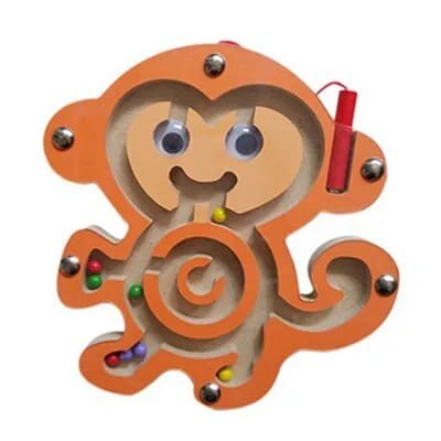 Monkey-shaped toy with colorful beads on a white background