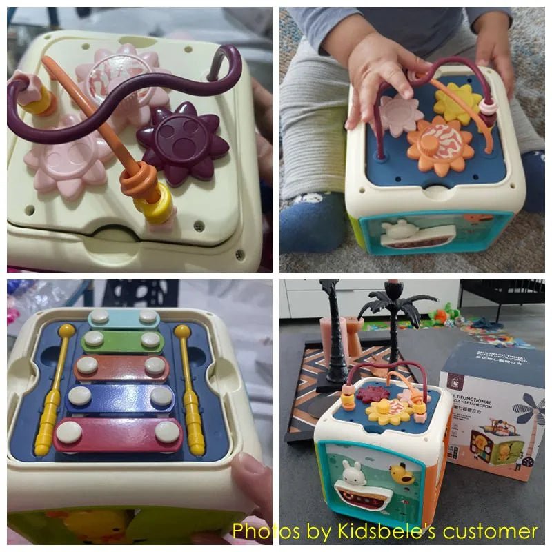 Collage of a colorful toy cube with various interactive elements, held by a child.