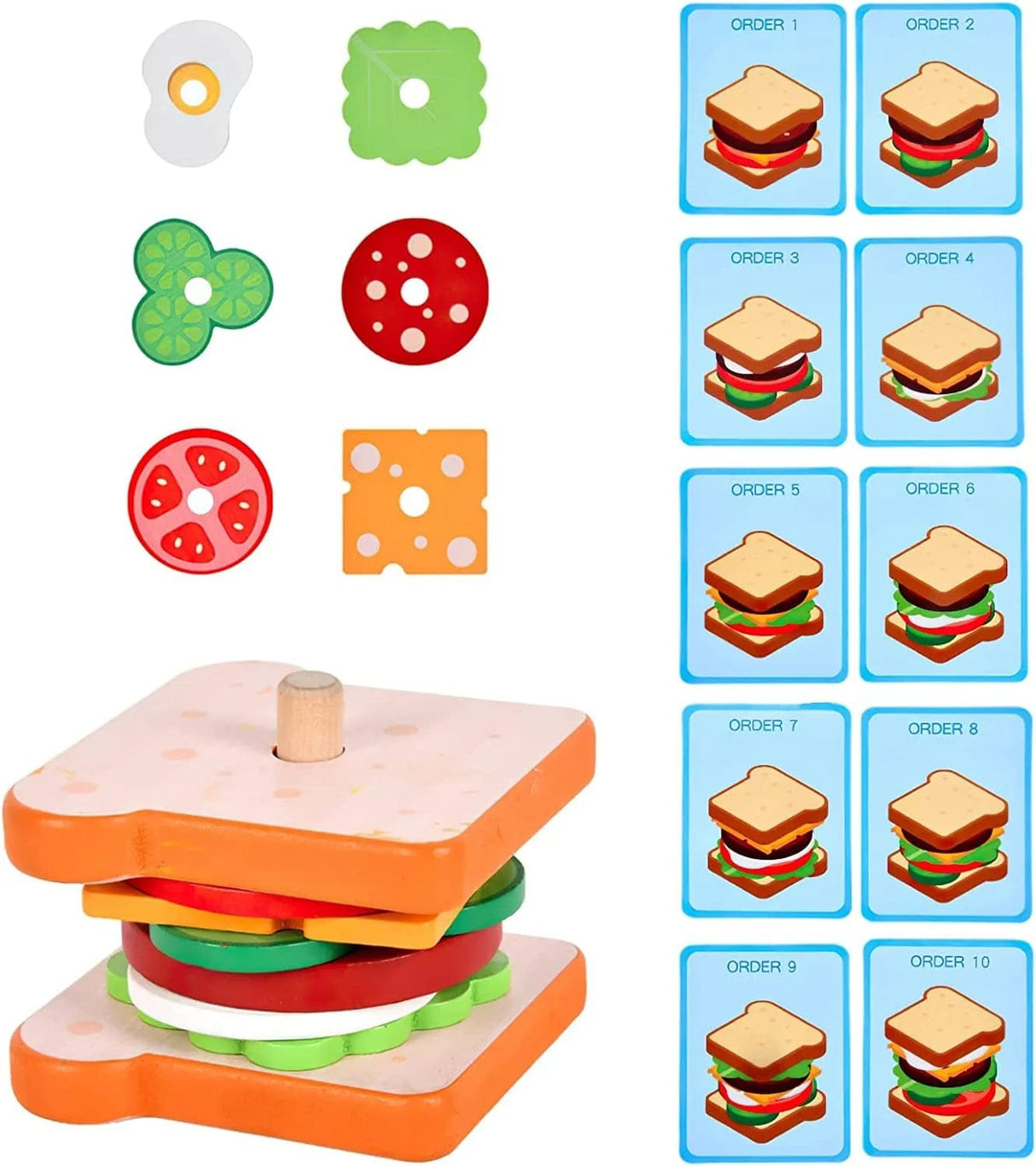 Wooden sandwich building set with pieces and card illustrations.