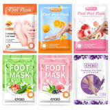 Various foot mask packages with different designs and branding on a white background.