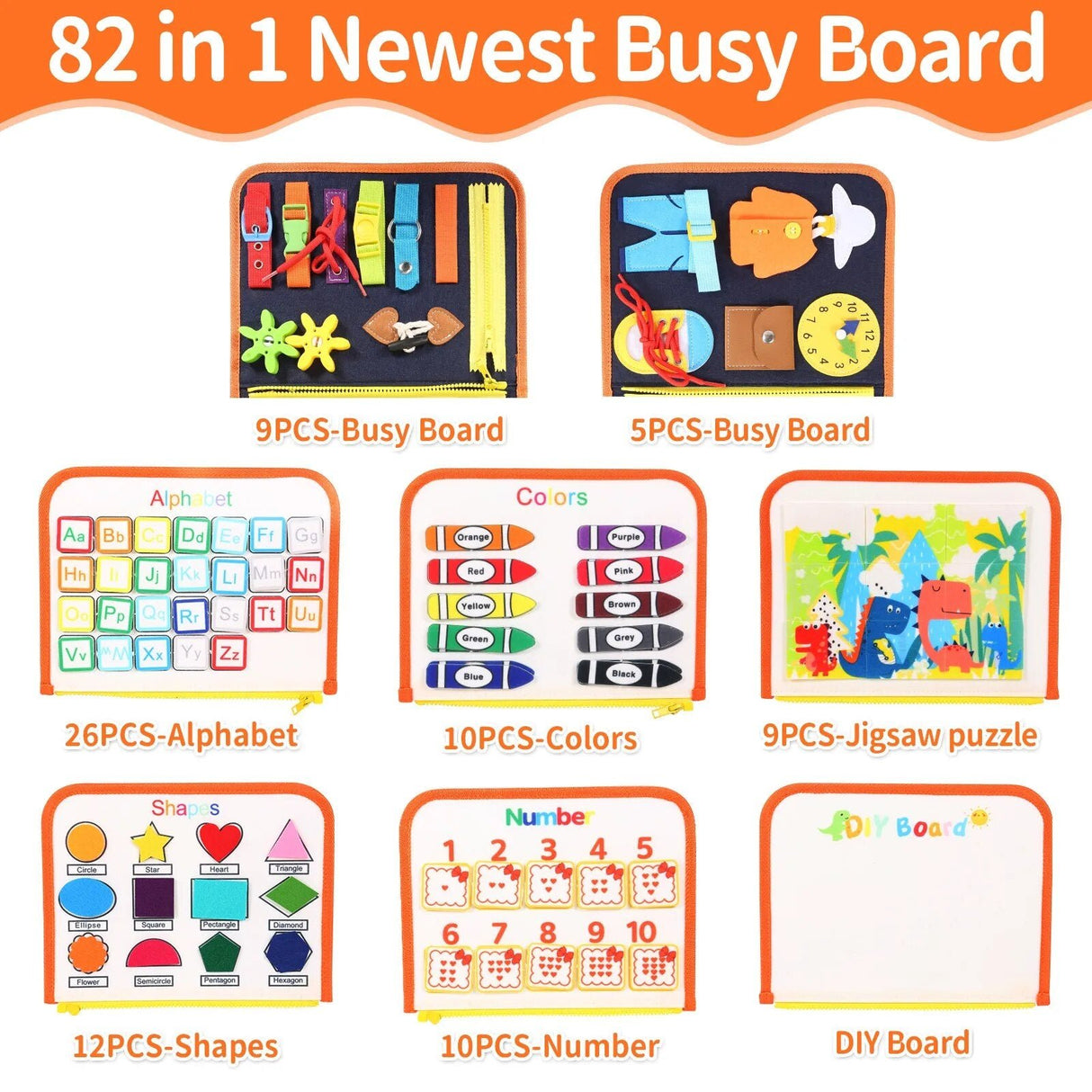 82 in 1 Newest Busy Board with various educational activities on a white background