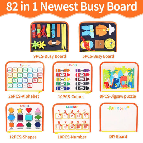 82 in 1 Newest Busy Board with various educational activities on a white background
