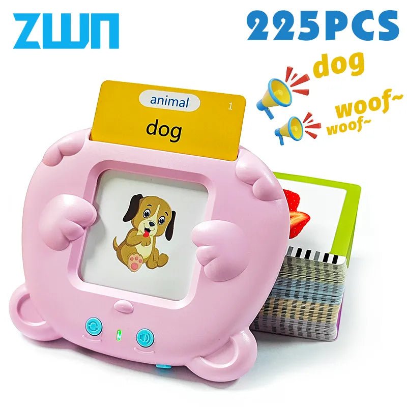 Pink educational toy with cartoon dog and flashcards on a white background