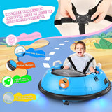 Children's bumper car with safety features and a child inside, on a colorful background.