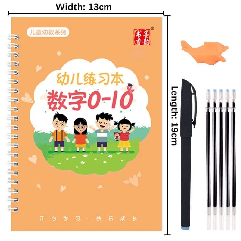 Children's practice book with cartoon design and a pen set on an orange background