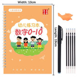 Children's practice book with cartoon design and a pen set on an orange background