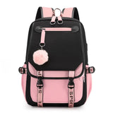 Large USB Canvas School Bag for Teenage Girls: Fashionable Black Pink Backpack image 6