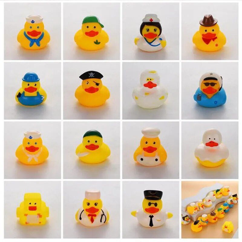 Set of yellow rubber duck toys dressed in various costumes on a white background