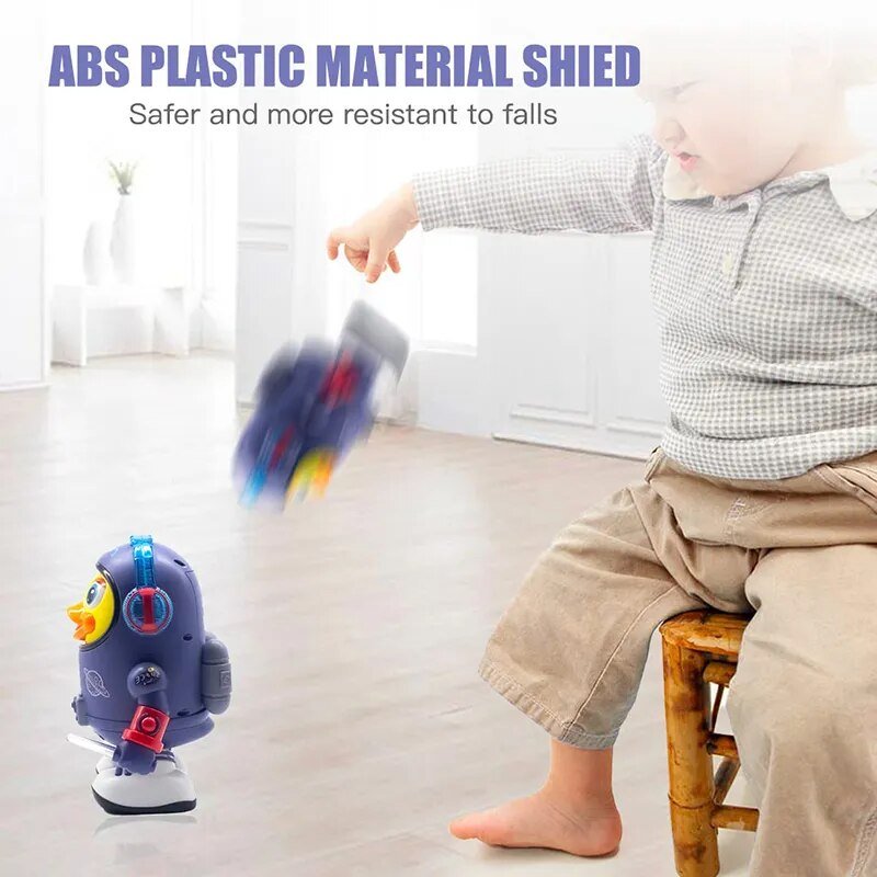 Child playing with a toy penguin on a light-colored floor, with text about ABS plastic material.