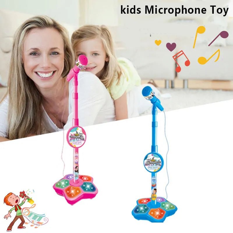 Two toy microphones on stands with a woman and child in the background, labeled 'kids Microphone Toy'.