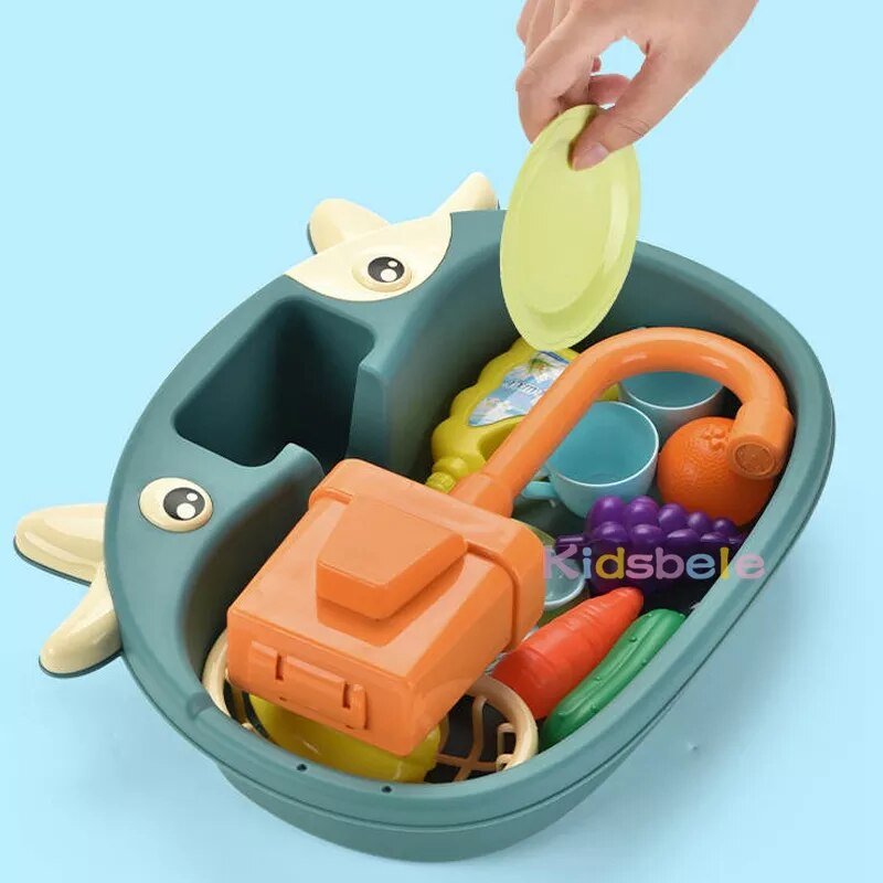 Children's toy set with kitchen utensils in a green container on a light blue background