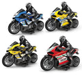 Four 1:10 scale RC motorcycles with riders lined up, remote control toys for racing play and collecting.