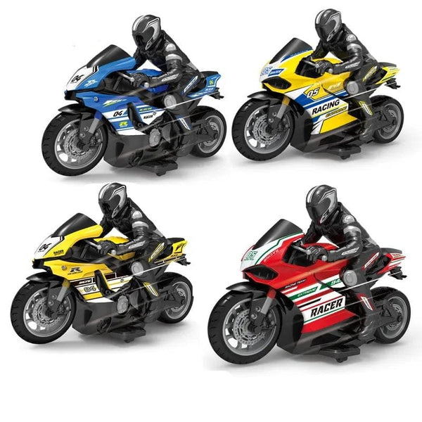 Four 1:10 scale RC motorcycles with riders lined up, remote control toys for racing play and collecting.