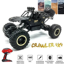 Black 1:12 4WD RC crawler truck with 2.4G remote, an off-road buggy toy for garden racing and rough terrain play.