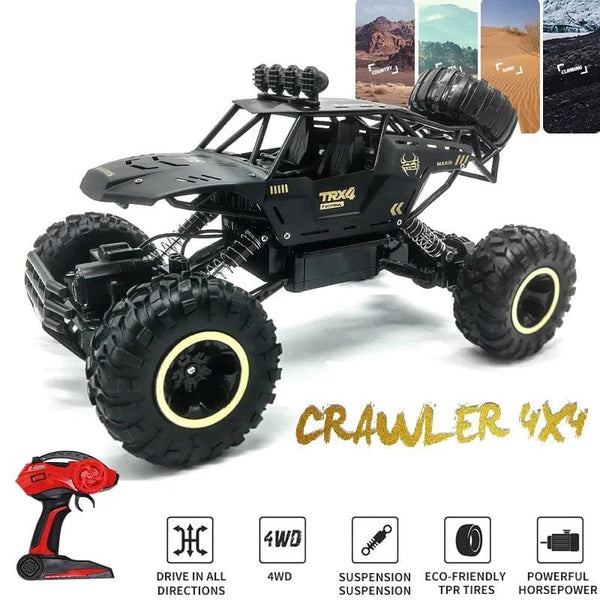 Black 1:12 4WD RC crawler truck with 2.4G remote, an off-road buggy toy for garden racing and rough terrain play.