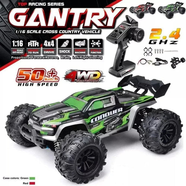 Green and black 1:16 scale RC monster truck racer reaching 50km/h for fast outdoor driving and kids racing.
