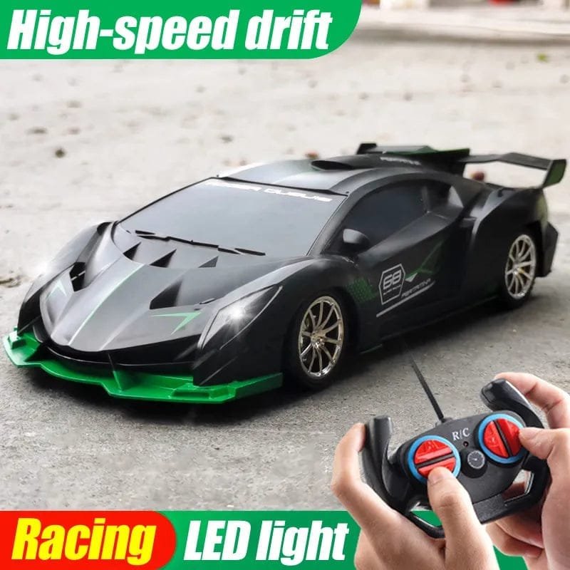 1/18 RC sports car with LED lights in black and green for high-speed drift racing and evening play.