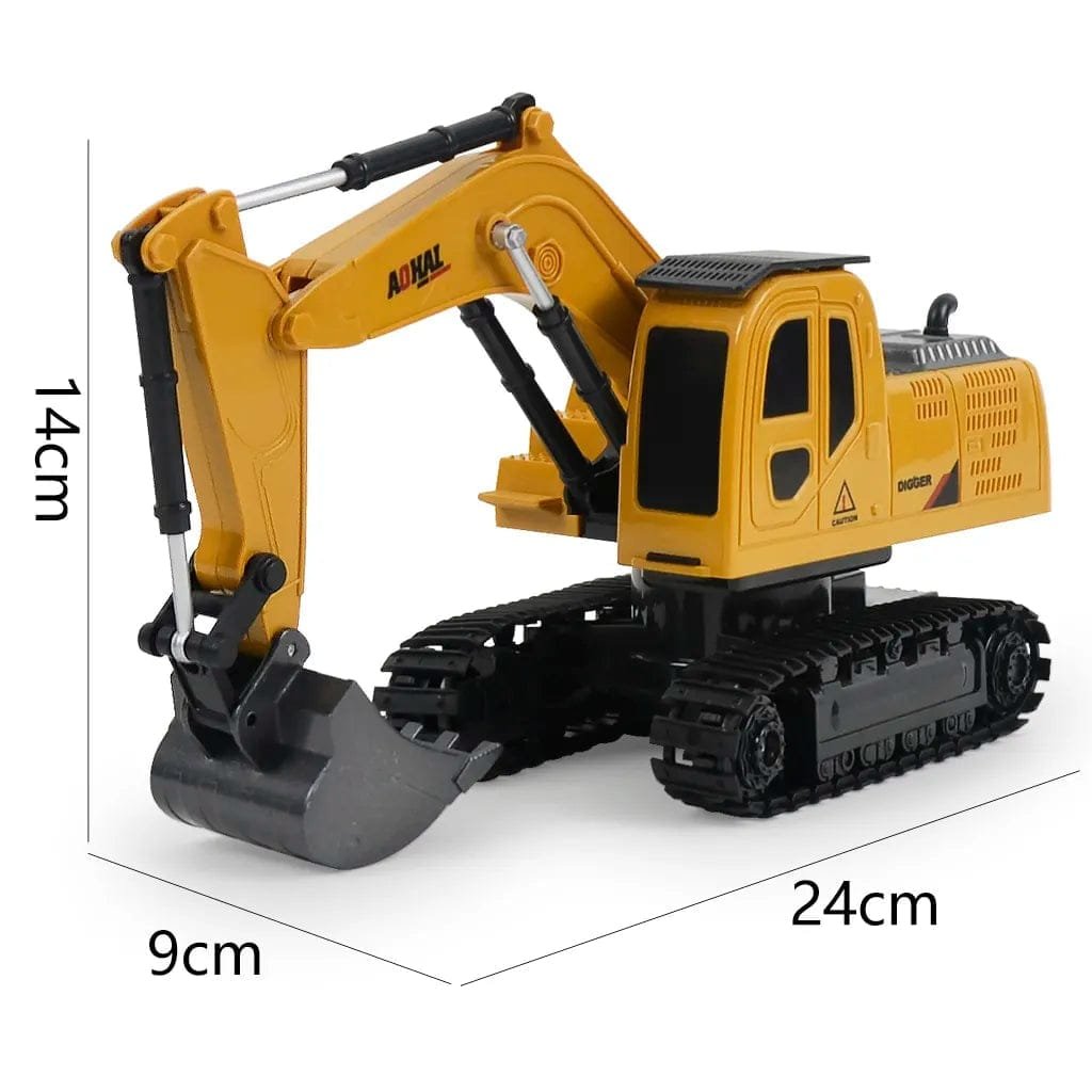 1/20 scale RC excavator toy truck size chart for choosing a construction toy for young builders.