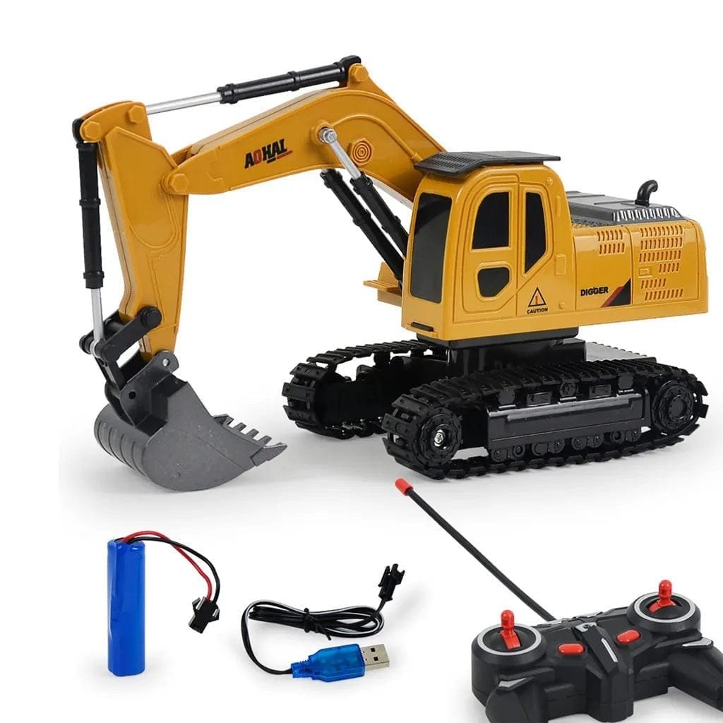 1/20 RC excavator with remote, rechargeable battery and USB cable for construction pretend play.