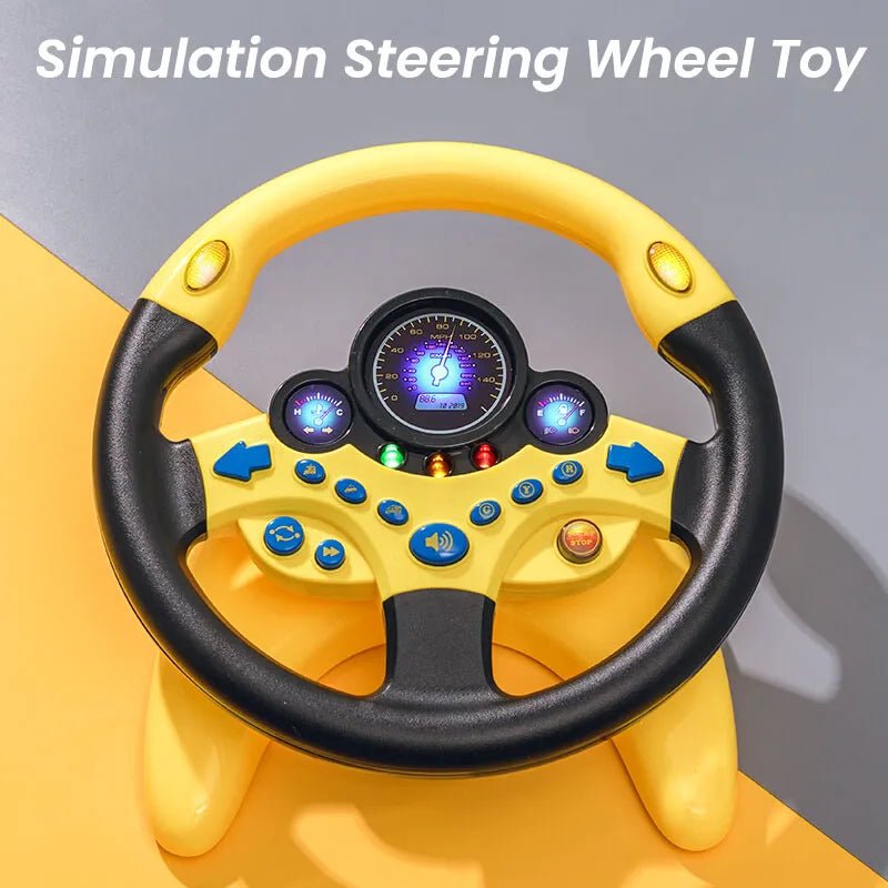 Yellow and black simulation steering wheel toy with buttons and a display on a gray background.