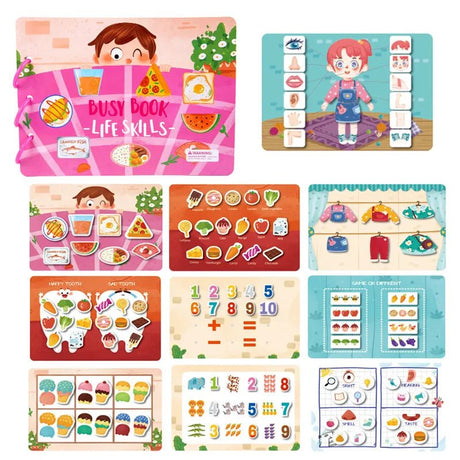 Set of educational children's Busy Books with various life skills and number learning activities.