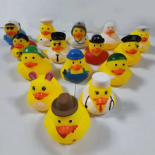 10Pcs Squeaky Rubber Ducks wearing various hats, a bath toy set for playful tub time.