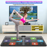 Woman exercising on a digital yoga mat in front of a TV displaying a nature scene.