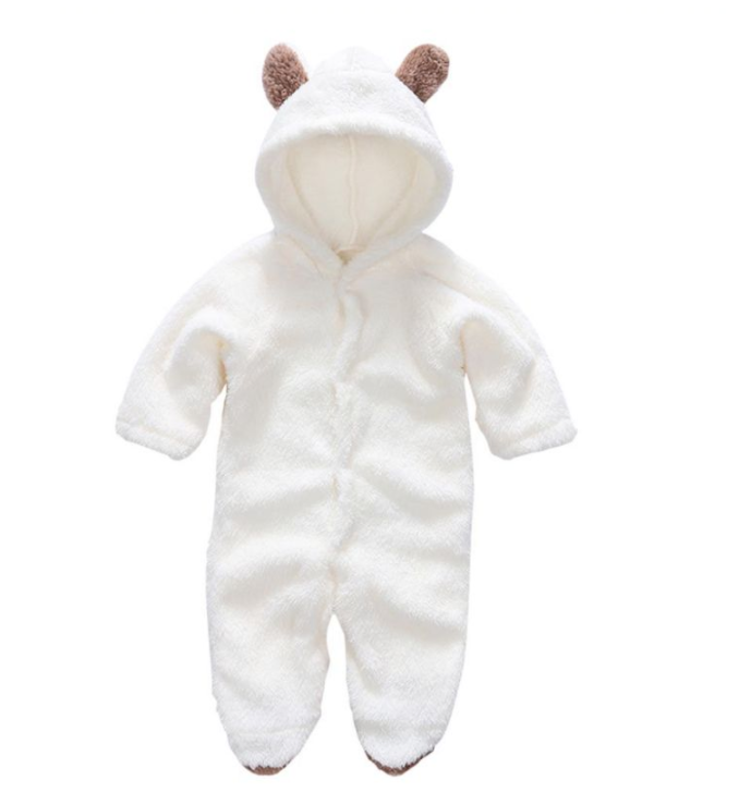 White baby snowsuit with hood and ears on a white background