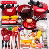 Set of toy kitchen appliances and utensils including pots, pans, and food items on a white background.