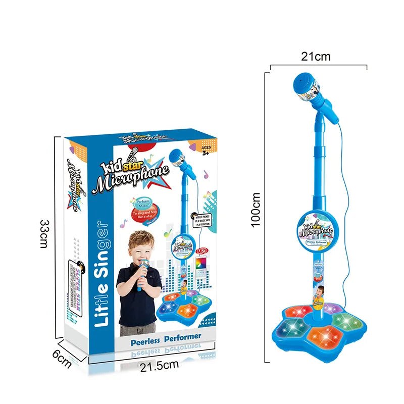 Toy microphone with stand and packaging, including dimensions.