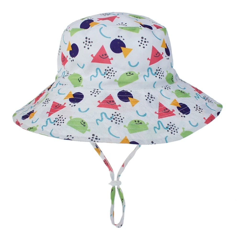 Colorful bucket hat with geometric patterns on a white background