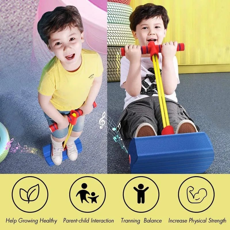Two children playing with a toy that helps with balance and strength, set against a colorful background.
