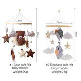 Two soft felt baby mobiles with bear and elephant designs, showing dimensions and weight.