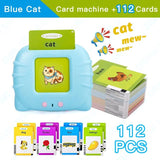 Blue card machine with cat illustration and 112 cards on a white background