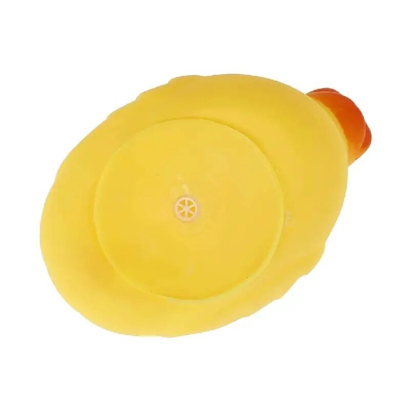 Yellow toy duck with an orange beak on a white background