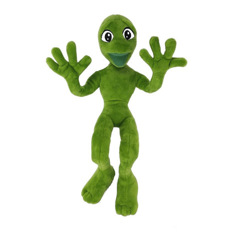 Green plush toy with a smiling face on a white background