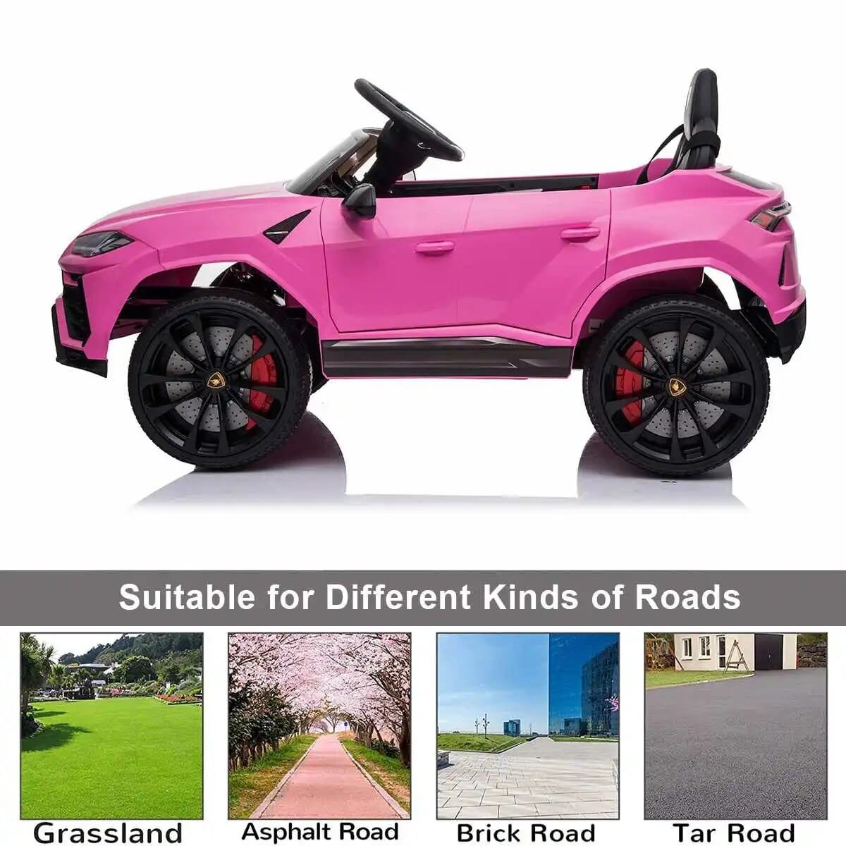 Pink toy car with black wheels on a white background, suitable for different kinds of roads.