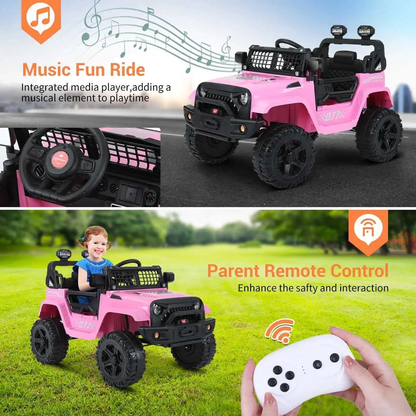 Pink toy car with music, fun ride feature, and parent remote control.
