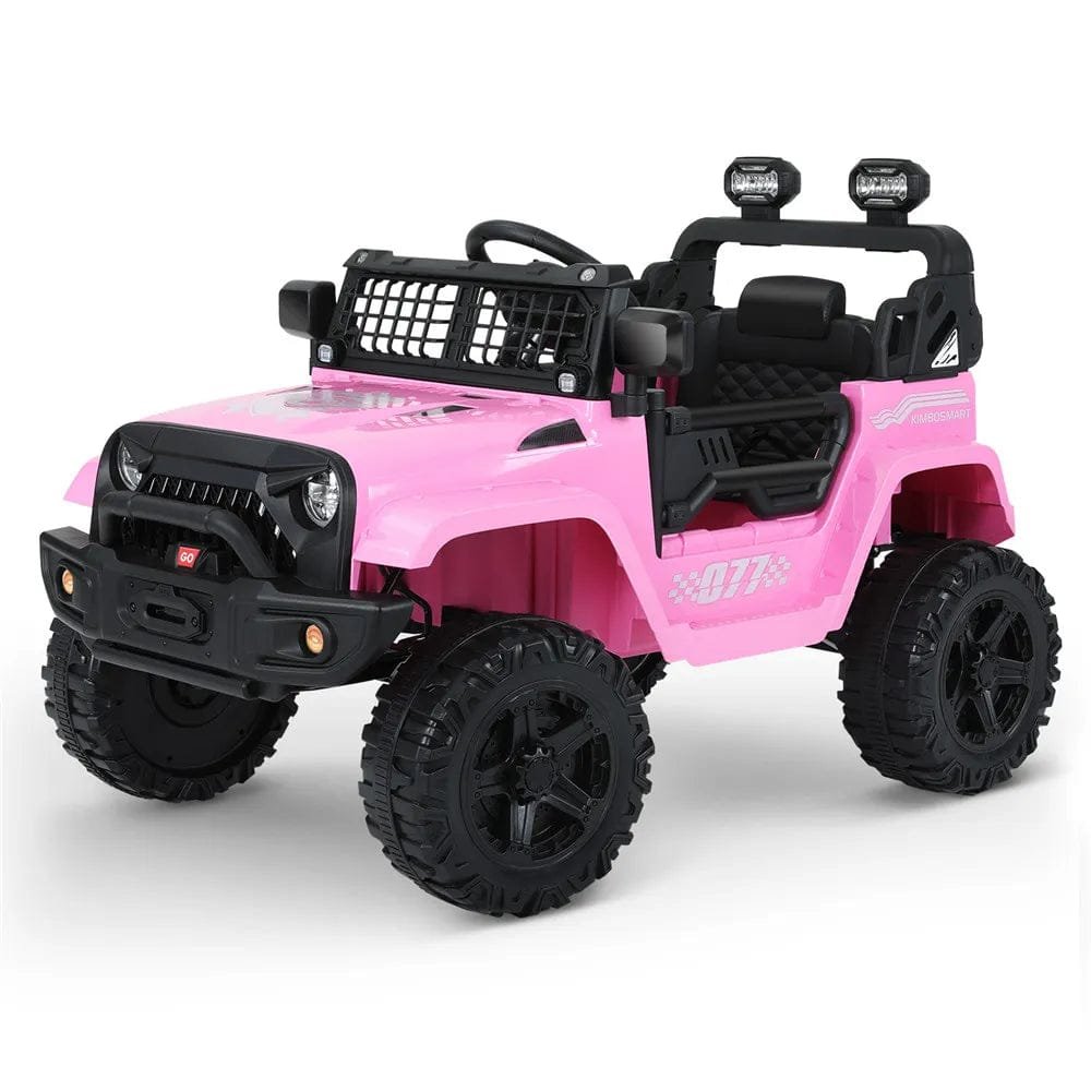 12V pink electric ride-on off-road car with music for outdoor driving fun in gardens and driveways.