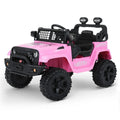 12V pink electric ride-on off-road car with music for outdoor driving fun in gardens and driveways.