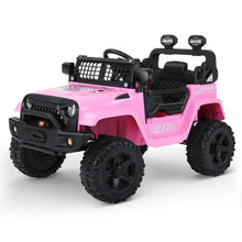 12V pink electric ride-on off-road car with music for outdoor driving fun in gardens and driveways.