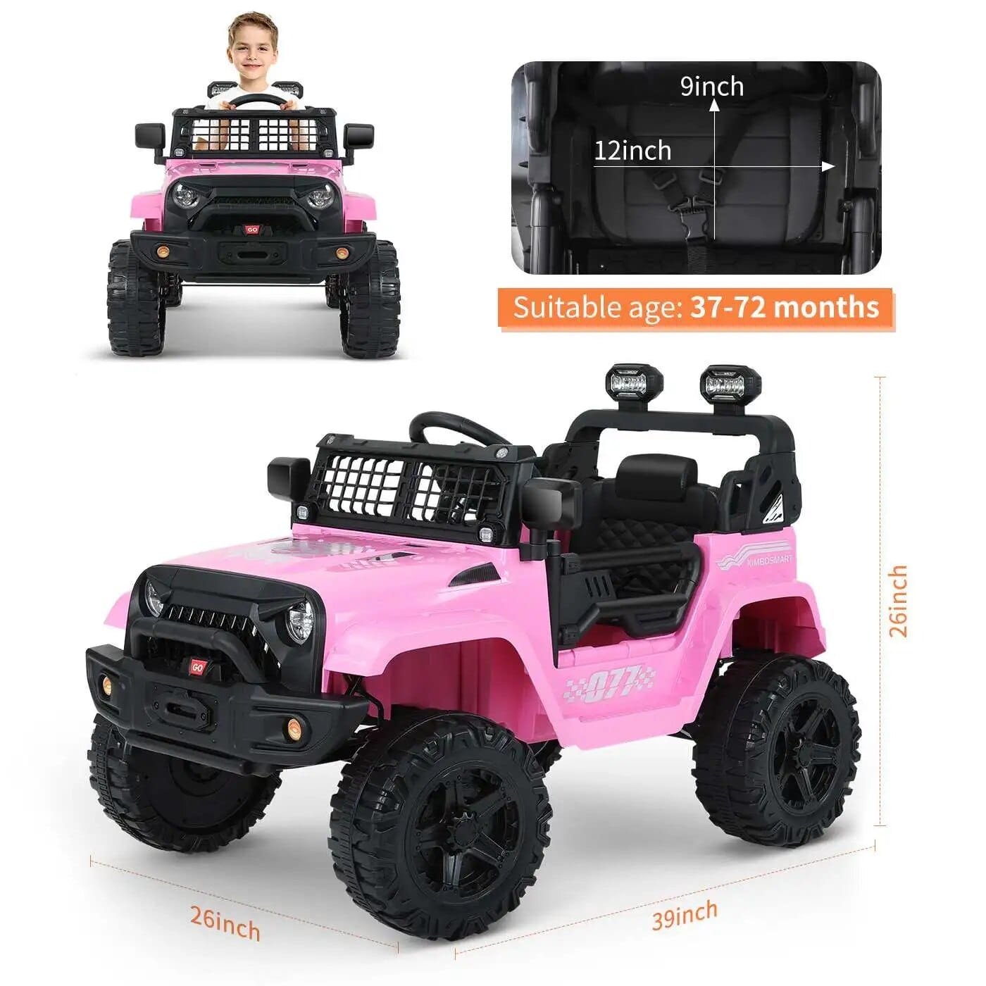 12V ride-on car size and age guide for children 37-72 months for garden driving and outdoor play.