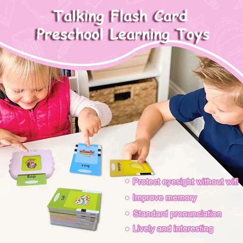 Two children playing with talking flash cards on a table, with text highlighting benefits of the product.