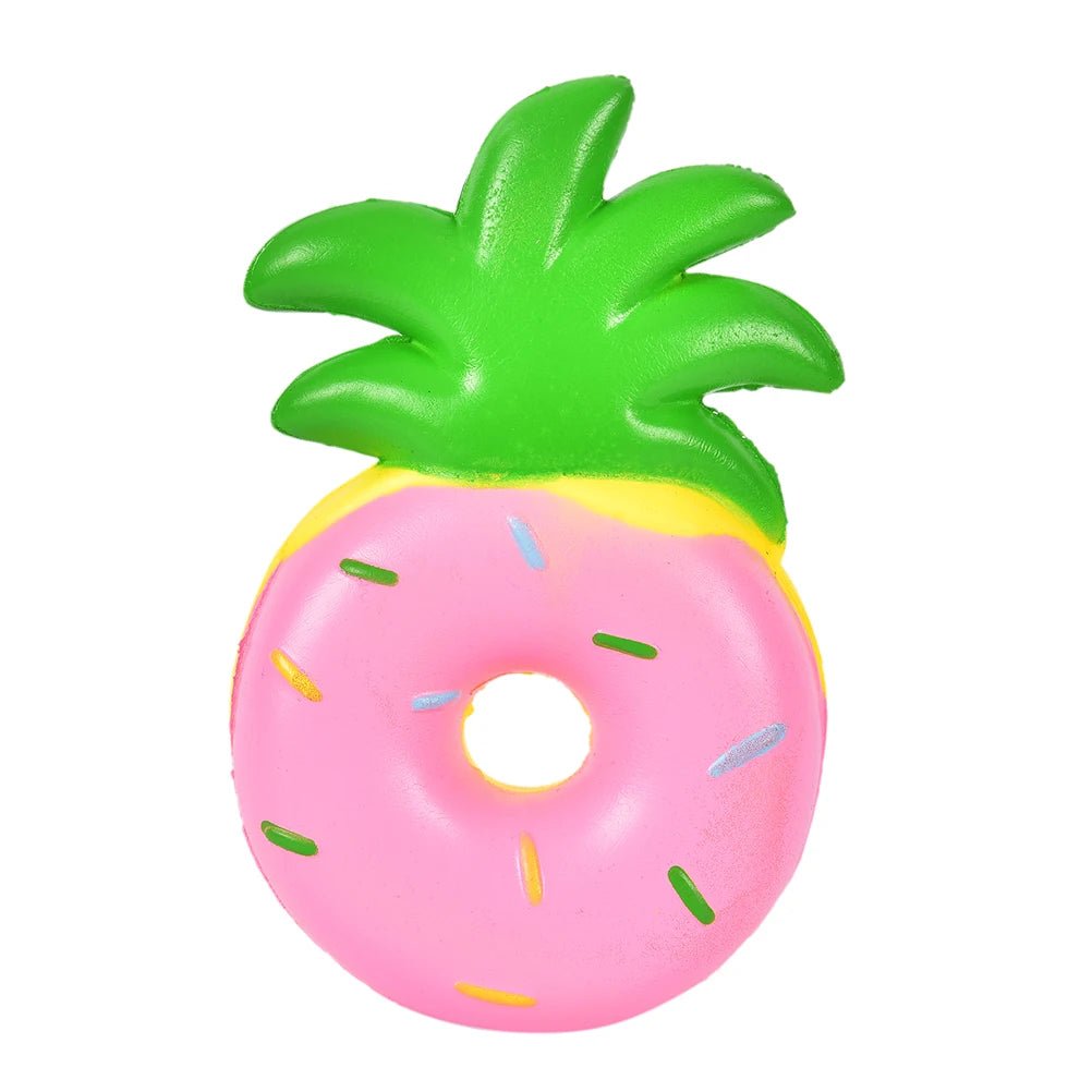 Inflatable pool toy shaped like a pink donut with a pineapple top on a white background