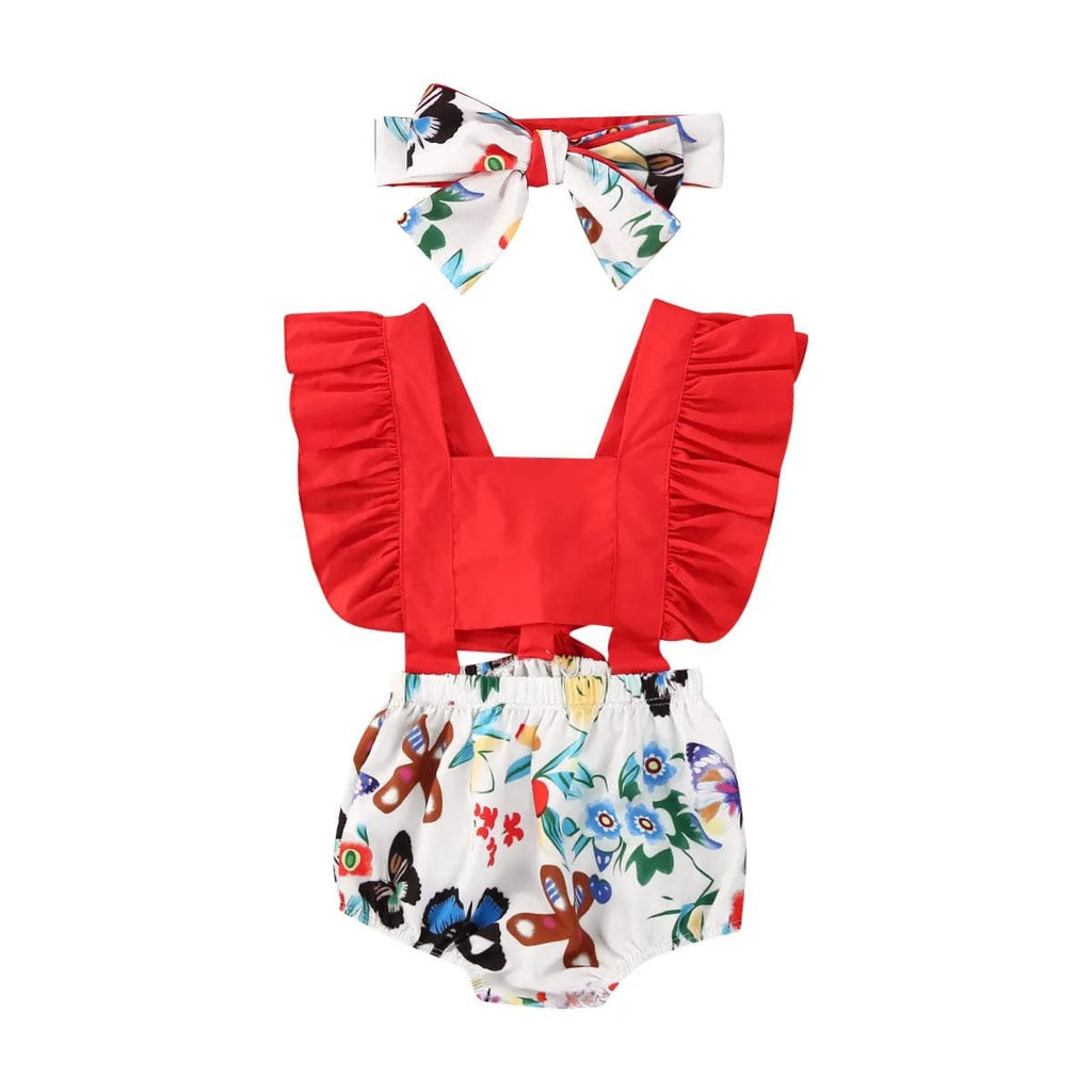 Red top and floral romper with matching headband on a white background