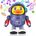 Toy robot with duck face surrounded by colorful music notes and space-themed graphics
