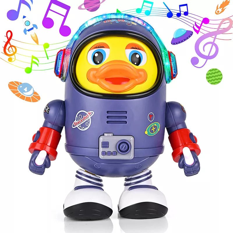 Toy robot with duck face surrounded by colorful music notes and space-themed graphics