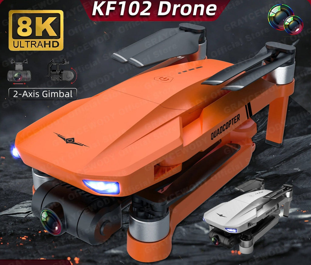 Orange drone with 2-axis gimbal and 8K UltraHD camera on a dark background