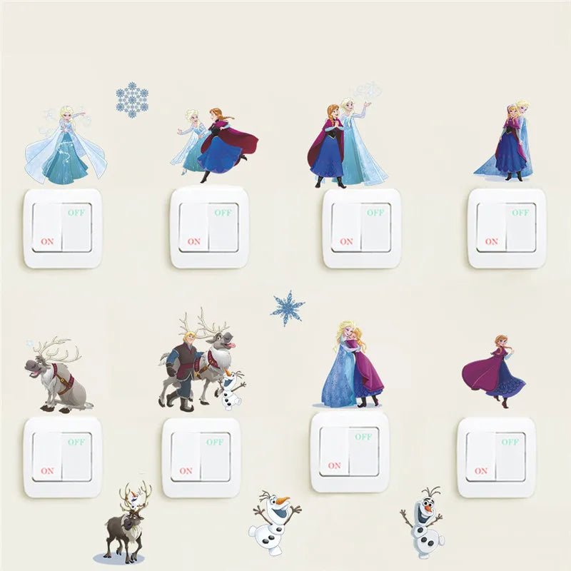 Decorative switch stickers with characters from the movie 'Frozen' on a light beige background.